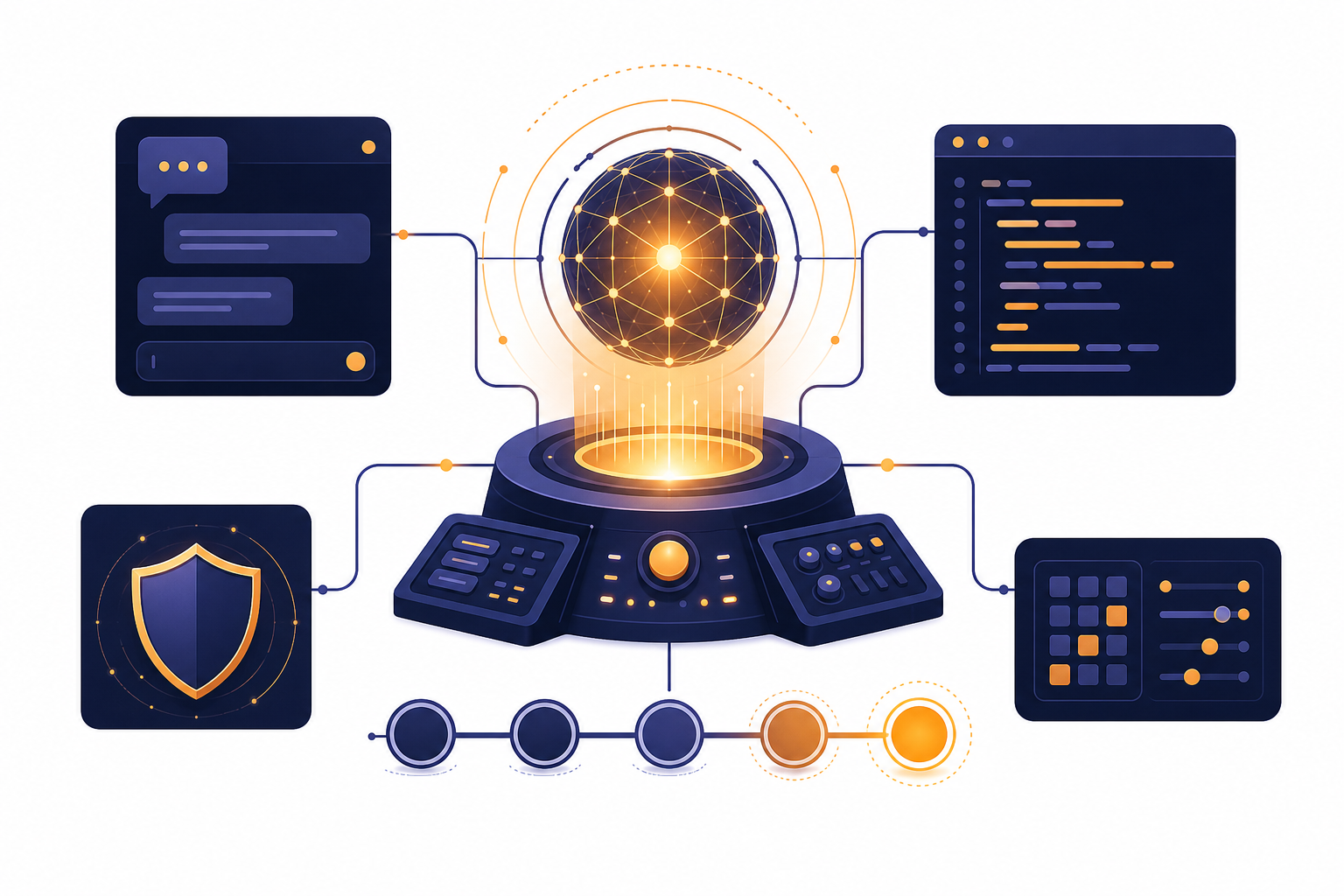 Schematic AI model launch console connected to chat, API, and safety panels.