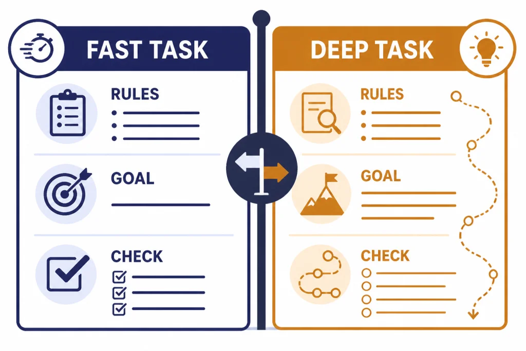 Model Behavior Decision Split decision board labeled FAST TASK and DEEP TASK with RULES, GOAL, and CHECK markers.