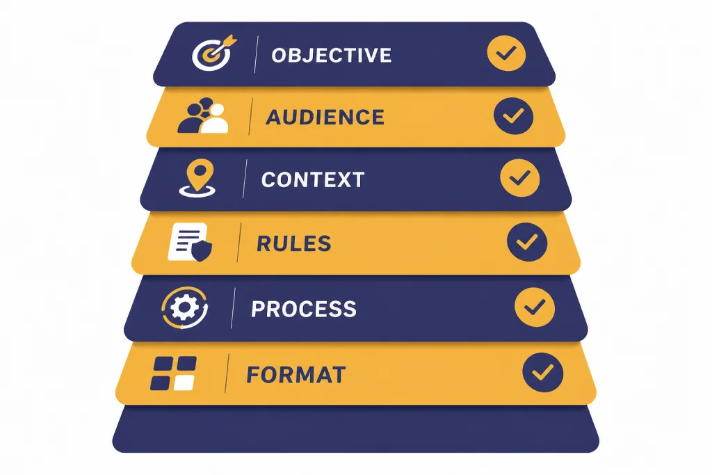 Prompt Stack Layers Seven-layer prompt stack with visible labels OBJECTIVE, AUDIENCE, CONTEXT, RULES, PROCESS, and FORMAT.