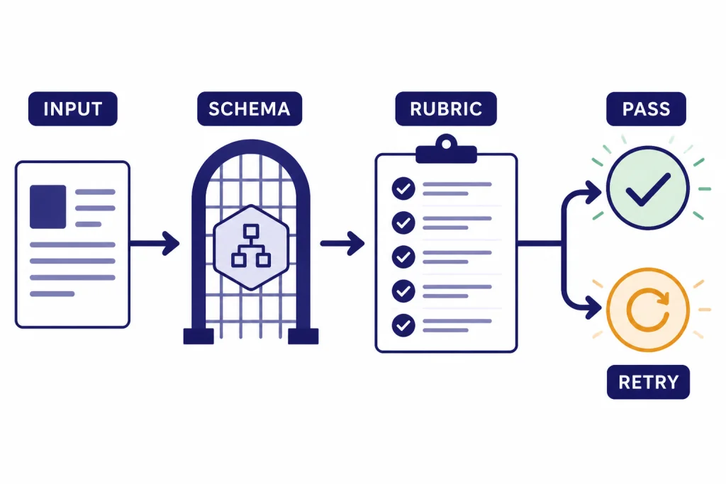 Verification pipeline labeled INPUT, SCHEMA, RUBRIC, PASS, and RETRY with a schema gate and checklist.