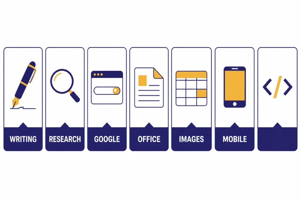 Seven comparison cards with icons and labels WRITING, RESEARCH, GOOGLE, OFFICE, IMAGES, MOBILE.