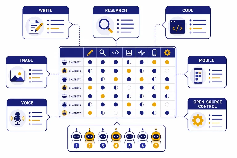 Decision dashboard with seven chatbot cards and labels WRITE, RESEARCH, CODE, IMAGE, VOICE, MOBILE.