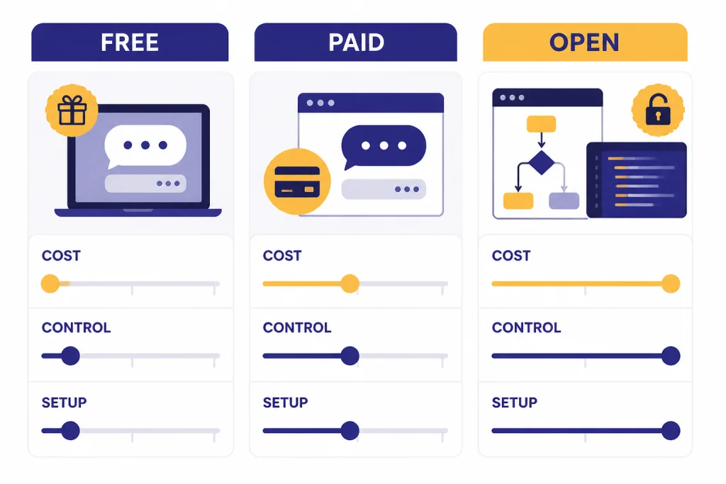 Free Paid Open Tradeoffs Three-column matrix labeled FREE, PAID, OPEN with sliders labeled COST, CONTROL, SETUP.
