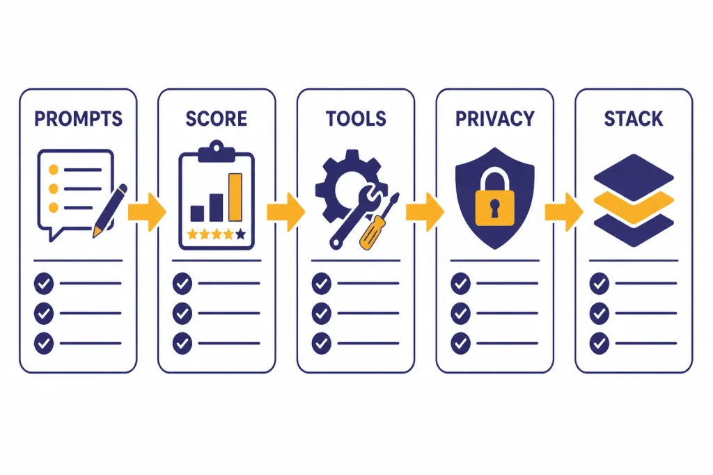 Chatbot Testing Workflow Workflow board with checklist cards labeled PROMPTS, SCORE, TOOLS, PRIVACY, STACK connected by arrows.