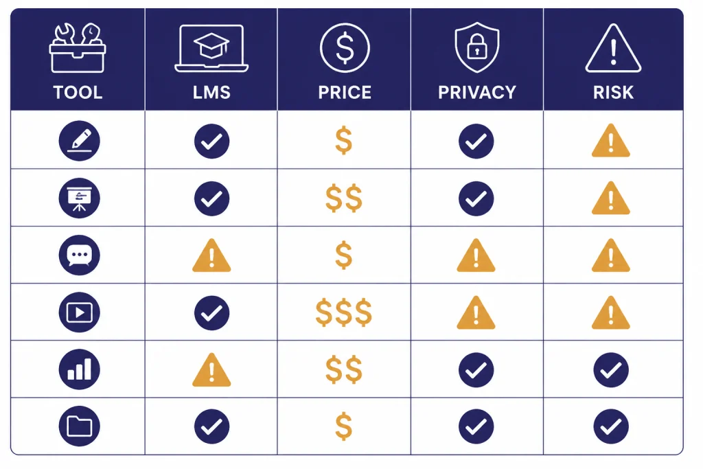 Detector Comparison Matrix Comparison matrix labeled TOOL, LMS, PRICE, PRIVACY, and RISK with checks, warnings, and dollar icons.