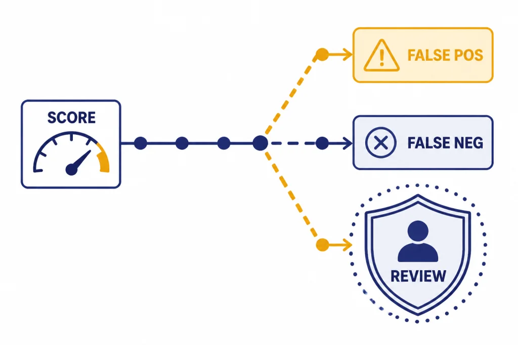 Risk diagram labeled SCORE, FALSE POS, FALSE NEG, and REVIEW with a shield around review.