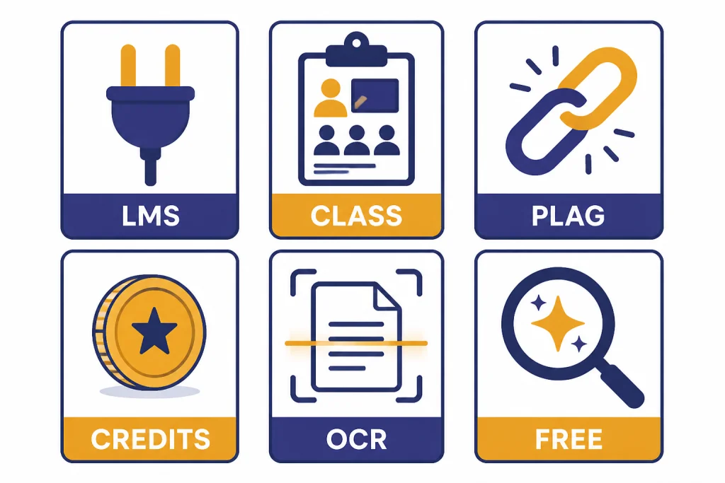 Six tool cards labeled LMS, CLASS, PLAG, CREDITS, OCR, and FREE with matching icons.