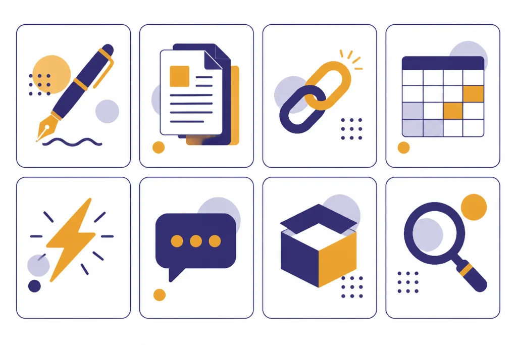 Eight AI App Strengths Eight capability cards with icons for writing, documents, citations, spreadsheets, speed, chat, open models, and search.