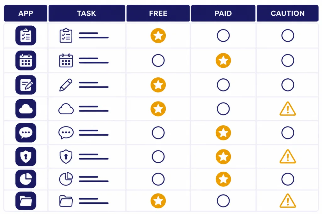 Comparison matrix with columns labeled APP, TASK, FREE, PAID, and CAUTION.