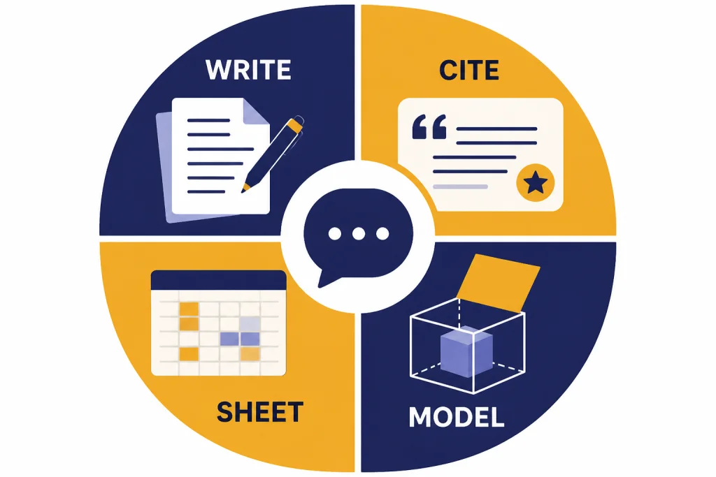 Quick AI App Picker Decision wheel around a chat bubble with wedges labeled WRITE, CITE, SHEET, and MODEL.