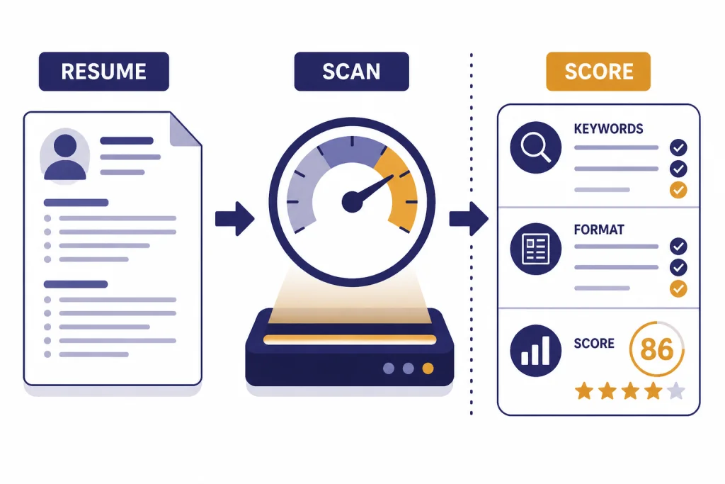 ATS workflow with RESUME feeding into SCAN and SCORE, plus KEYWORDS and FORMAT checklist items.