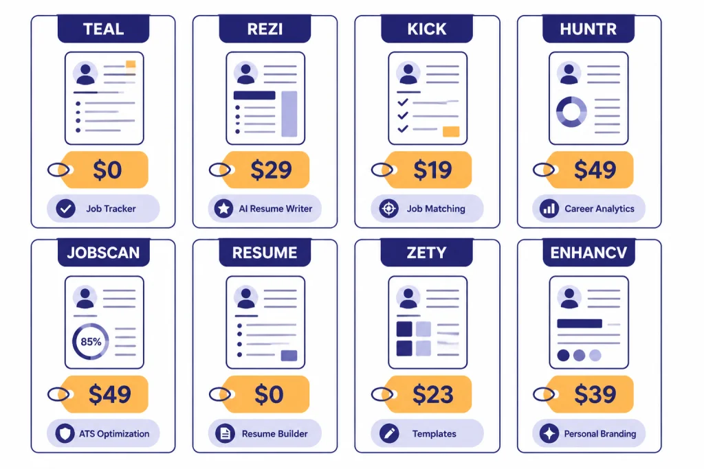 Eight compact tool cards labeled TEAL, REZI, KICK, HUNTR, JOBSCAN, RESUME, ZETY, and ENHANCV.