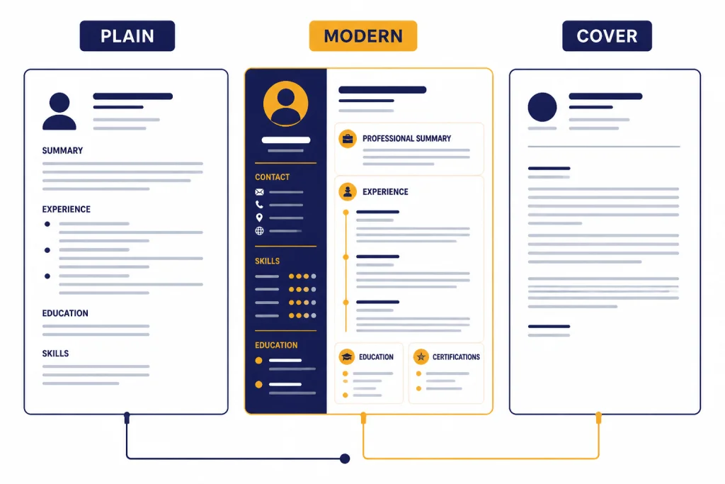 Two resume panels labeled PLAIN and MODERN connected to a COVER letter page.