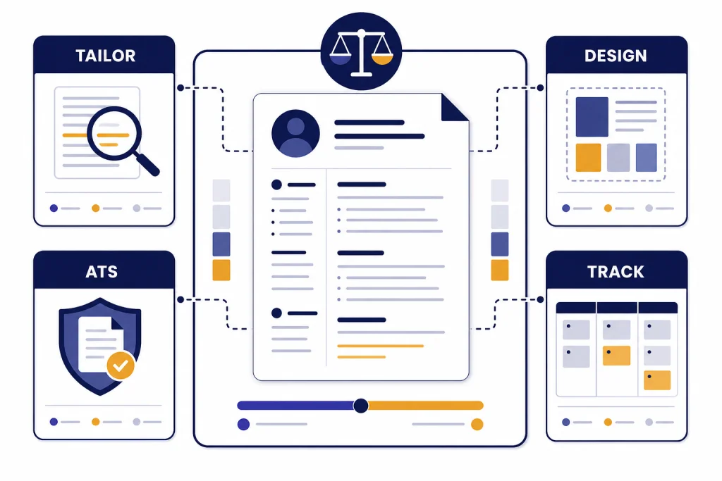 AI Resume Builder Comparison Resume dashboard with four labeled cards: TAILOR, ATS, DESIGN, and TRACK around one central document.