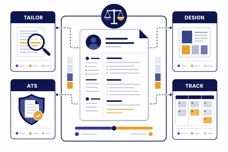 Resume dashboard with four labeled cards: TAILOR, ATS, DESIGN, and TRACK around one central document.