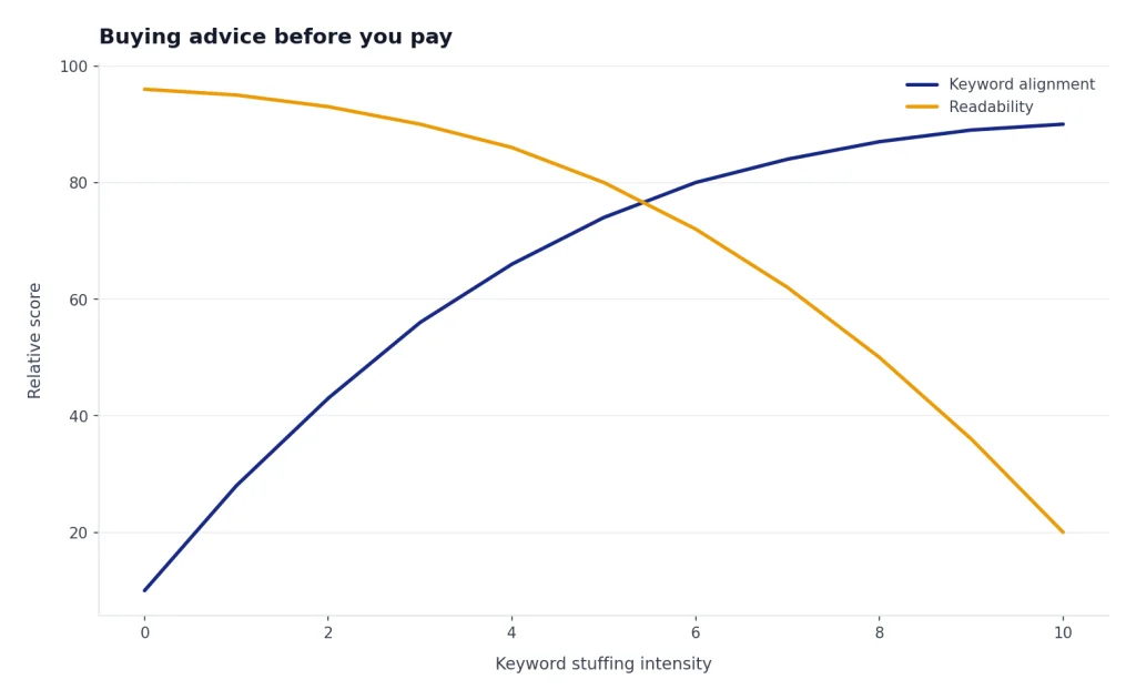 Line chart: Keyword alignment rises and flattens while Readability falls as Keyword stuffing intensity increases.
