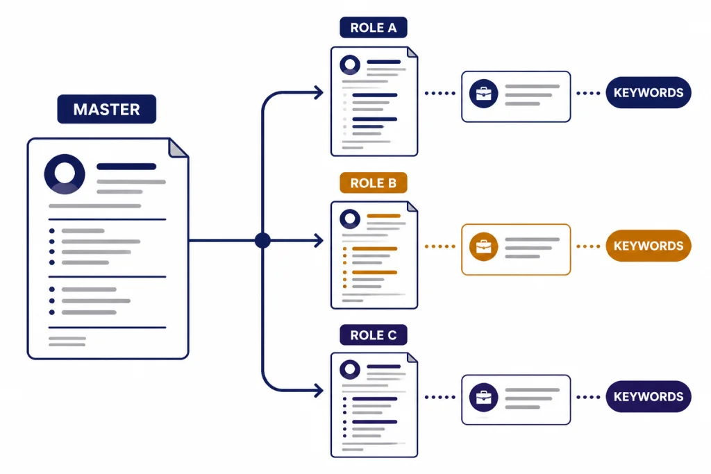 Teal Resume Versioning Flow Master resume branching into ROLE A, ROLE B, and ROLE C documents with a KEYWORDS chip.