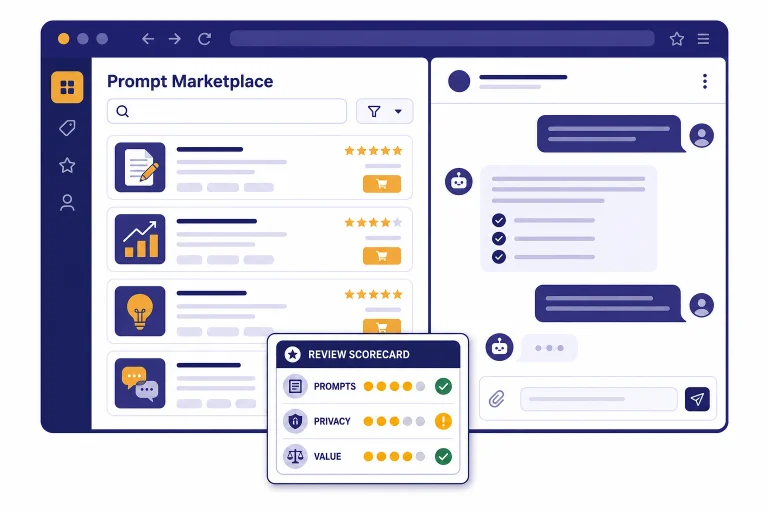 Browser prompt marketplace beside chat panel with scorecard rows labeled PROMPTS, PRIVACY, and VALUE.