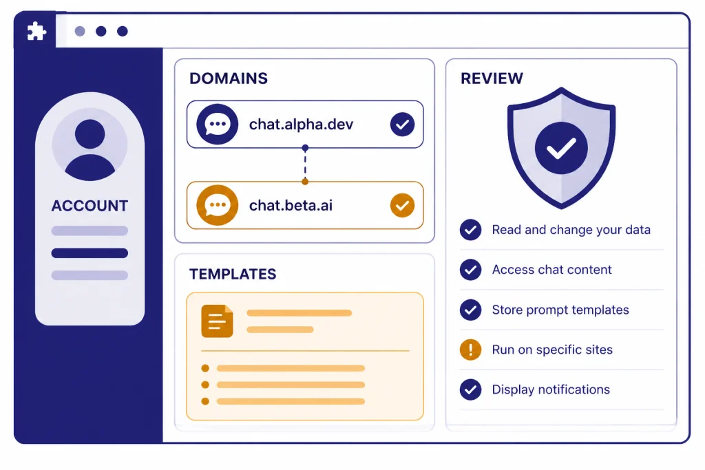 Extension Privacy Checklist Permission review panel labeled ACCOUNT, DOMAINS, TEMPLATES, and REVIEW with shield checklist.