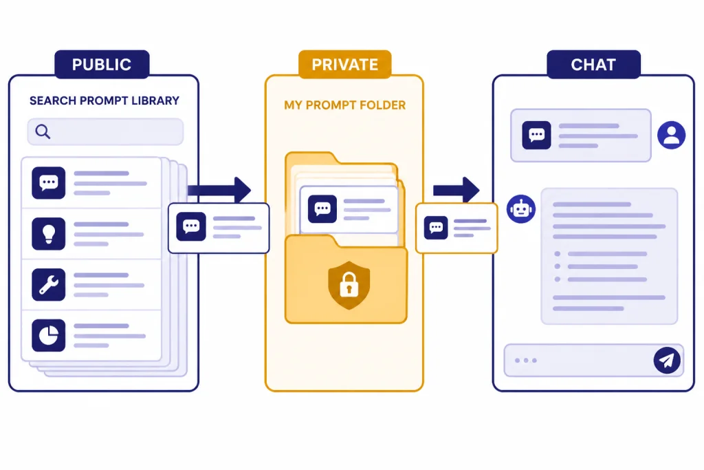Prompt Library Workflow Workflow from PUBLIC prompt cards to PRIVATE folder to CHAT response panel.
