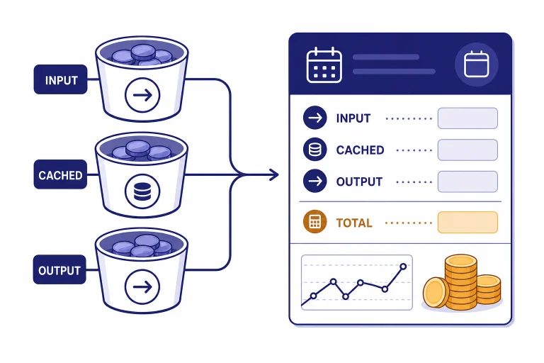 Calculator dashboard with buckets labeled INPUT, CACHED, OUTPUT feeding a TOTAL bill card.