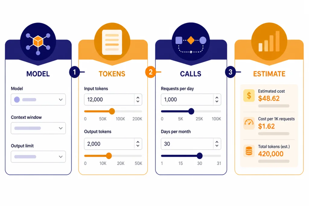 Calculator Input Steps Four connected step cards labeled MODEL, TOKENS, CALLS, and ESTIMATE.