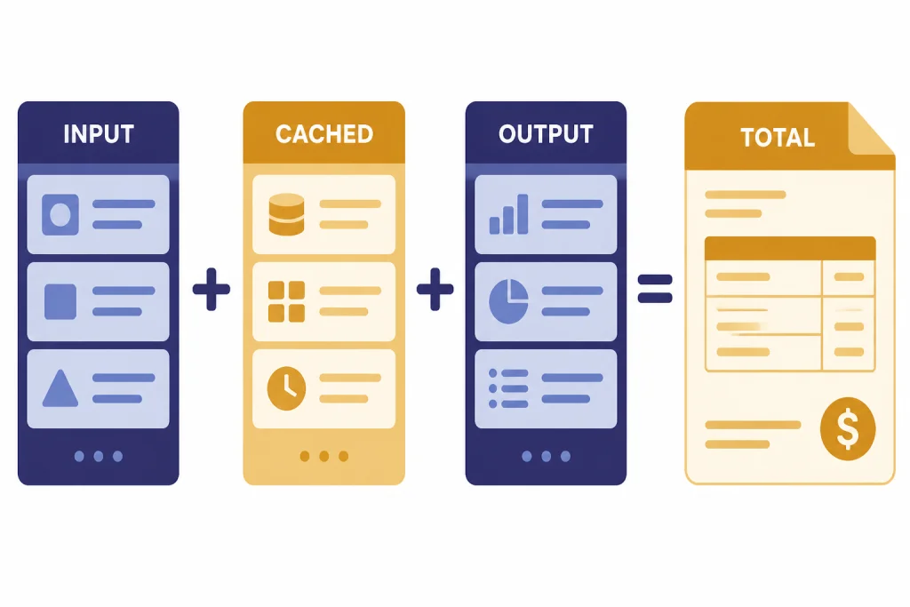 Token Cost Formula Equation diagram with bars labeled INPUT, CACHED, OUTPUT feeding a TOTAL invoice tile.