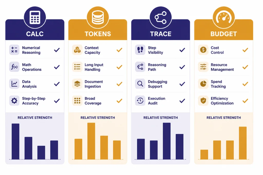 Comparison cards labeled CALC, TOKENS, TRACE, and BUDGET with check marks and bar heights.