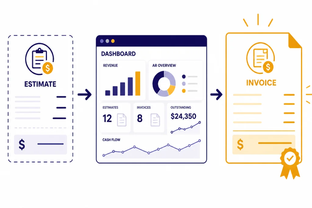 Three accounting panels labeled ESTIMATE, DASHBOARD, and INVOICE connected by arrows.