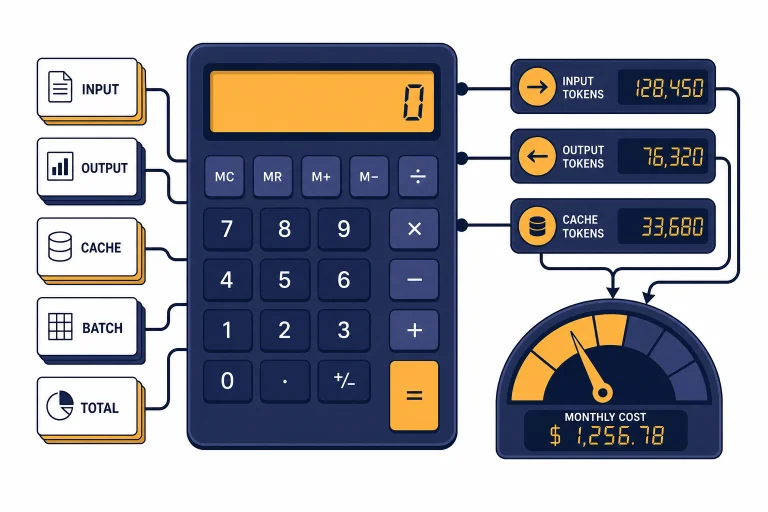 Calculator panel connected to counters labeled INPUT, OUTPUT, CACHE, BATCH, and TOTAL.