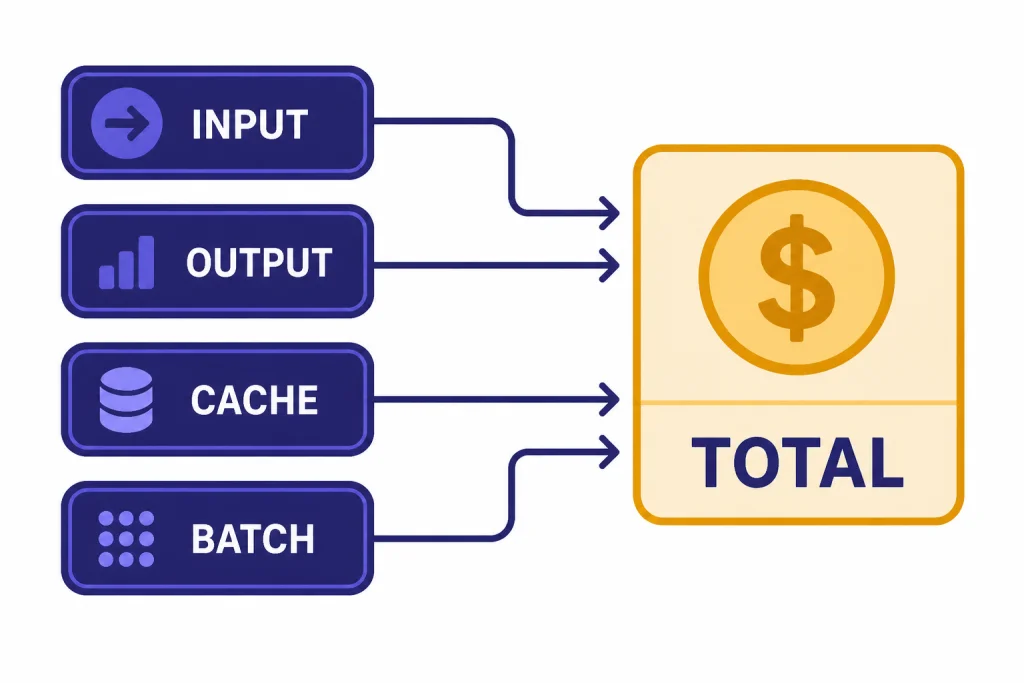 Cost Formula Inputs Flow diagram with chips labeled INPUT, OUTPUT, CACHE, and BATCH feeding a TOTAL box.