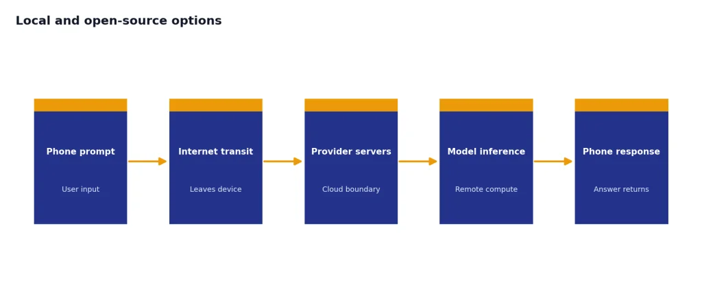 Process stages from phone prompt to internet transit, provider servers, model inference, and phone response.