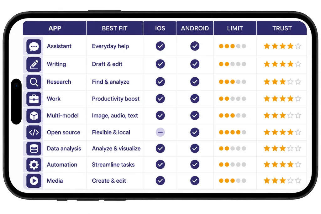 Phone comparison table with headers APP, BEST FIT, IOS, ANDROID, LIMIT, and TRUST.
