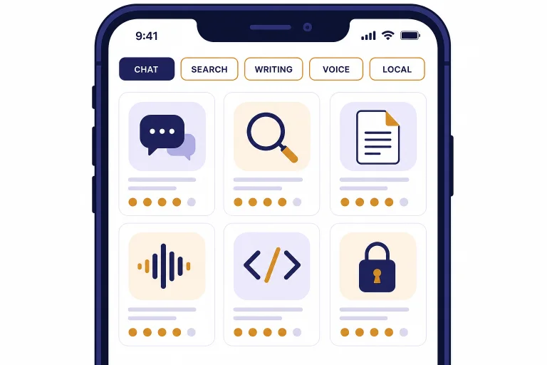Smartphone decision matrix with tabs labeled CHAT, SEARCH, WRITING, VOICE, and LOCAL.
