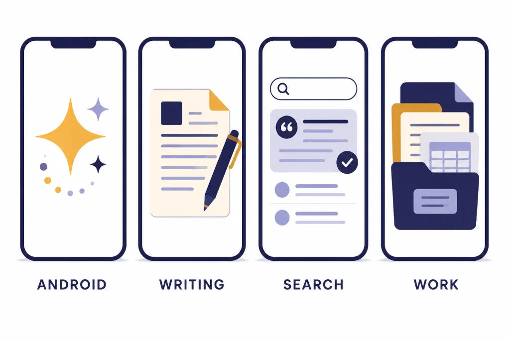 Four phone cards labeled ANDROID, WRITING, SEARCH, and WORK for quick AI app picks.