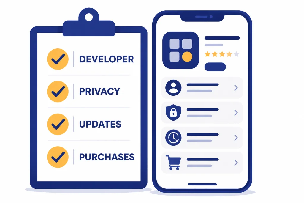 AI App Safety Checklist Security checklist beside a phone with labels DEVELOPER, PRIVACY, UPDATES, and PURCHASES.