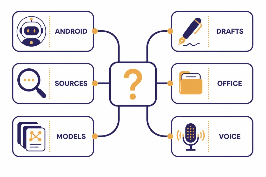 Decision tree with branches labeled ANDROID, DRAFTS, SOURCES, OFFICE, MODELS, and VOICE.