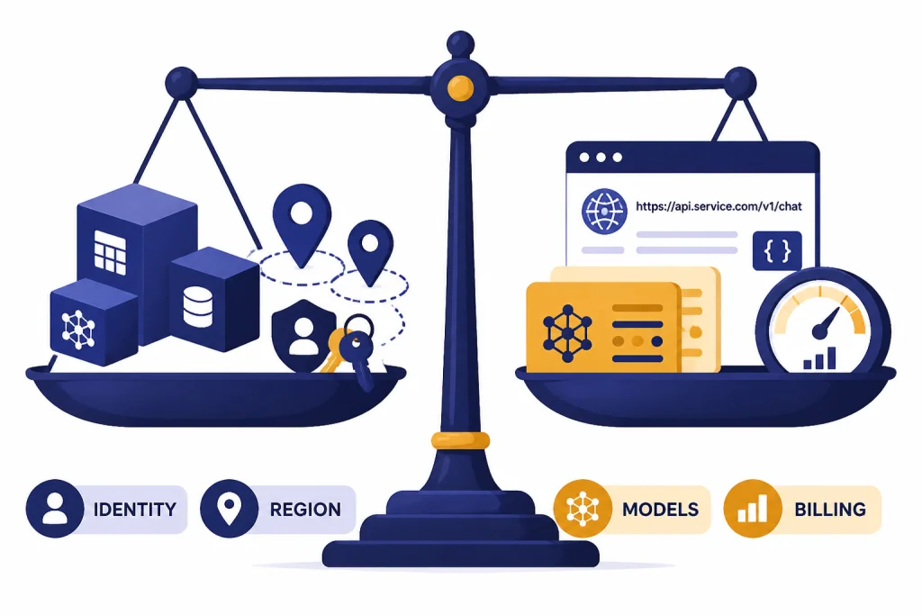 Balanced scale with labels IDENTITY, REGION, MODELS, and BILLING comparing two platform trays.