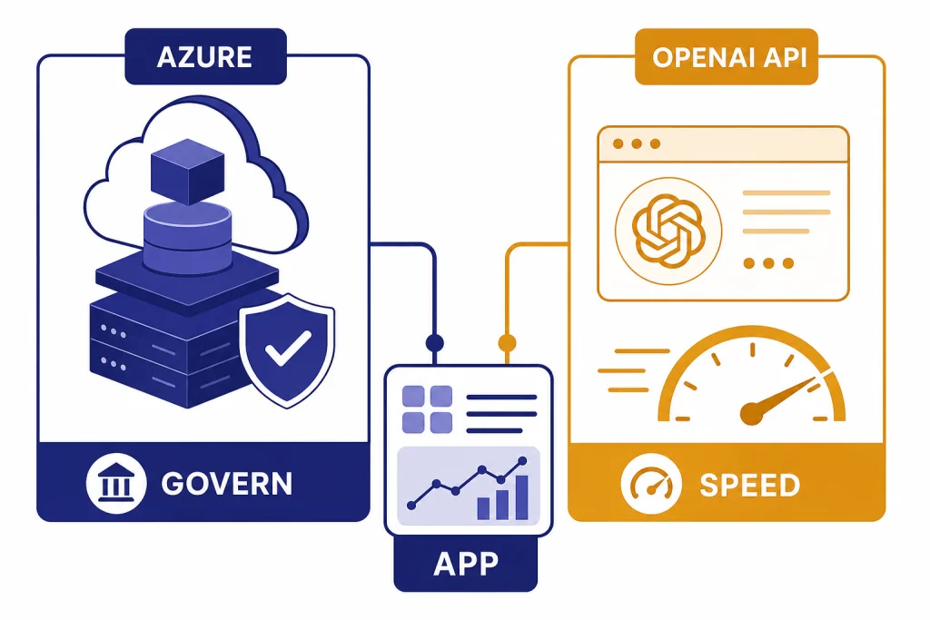 Azure OpenAI API Choice Split dashboard with AZURE and OPENAI API endpoint panels feeding one APP box, plus GOVERN and SPEED labels.