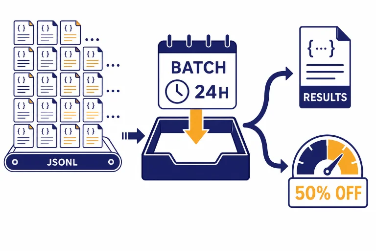 Request cards flow through a batch tray labeled JSONL, BATCH, 24H, 50% OFF, and RESULTS.