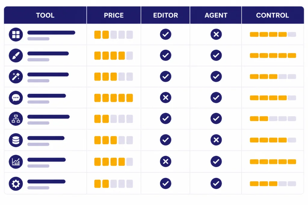 Assistant Comparison Matrix Comparison matrix with eight rows and headers TOOL, PRICE, EDITOR, AGENT, and CONTROL.