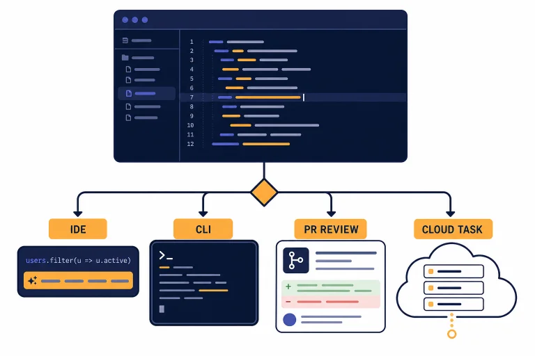Code editor connected to four labeled tool shapes: IDE, CLI, PR REVIEW, and CLOUD TASK.