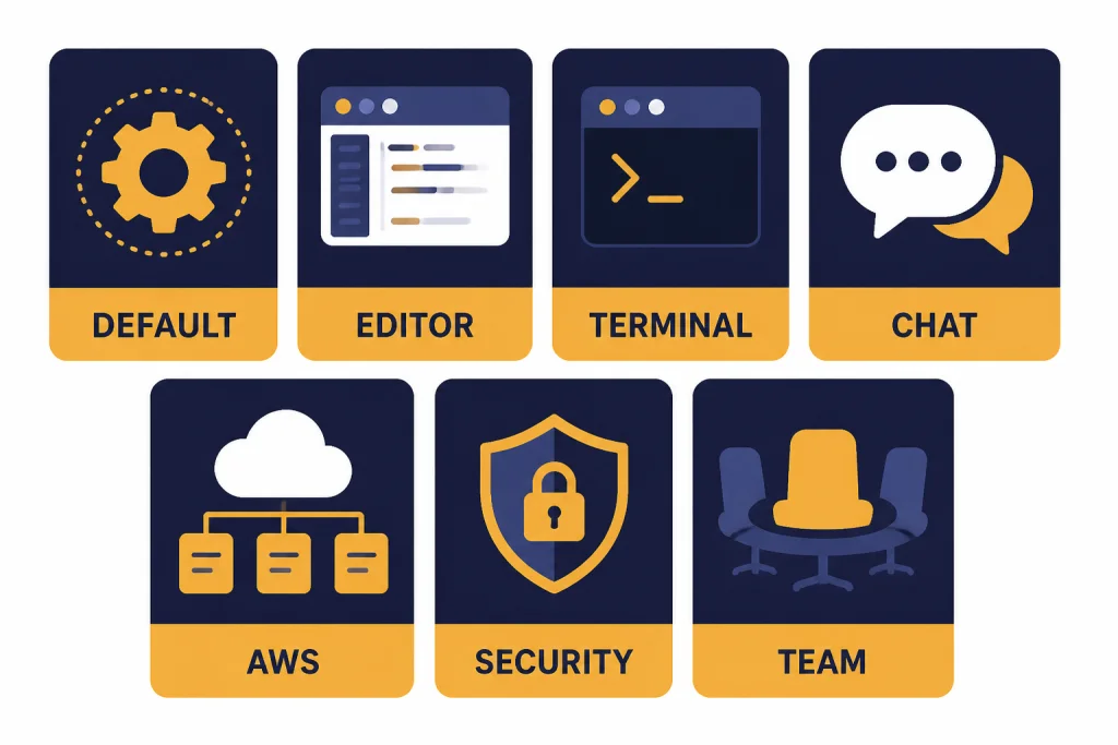 Quick Pick Decision Cards Seven decision cards with icons and labels DEFAULT, EDITOR, TERMINAL, CHAT, AWS, and SECURITY.
