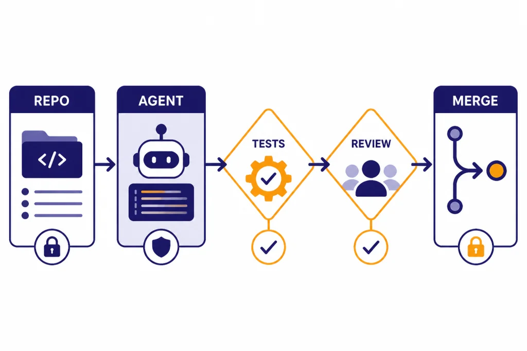 Secure code pipeline labeled REPO, AGENT, TESTS, REVIEW, and MERGE.