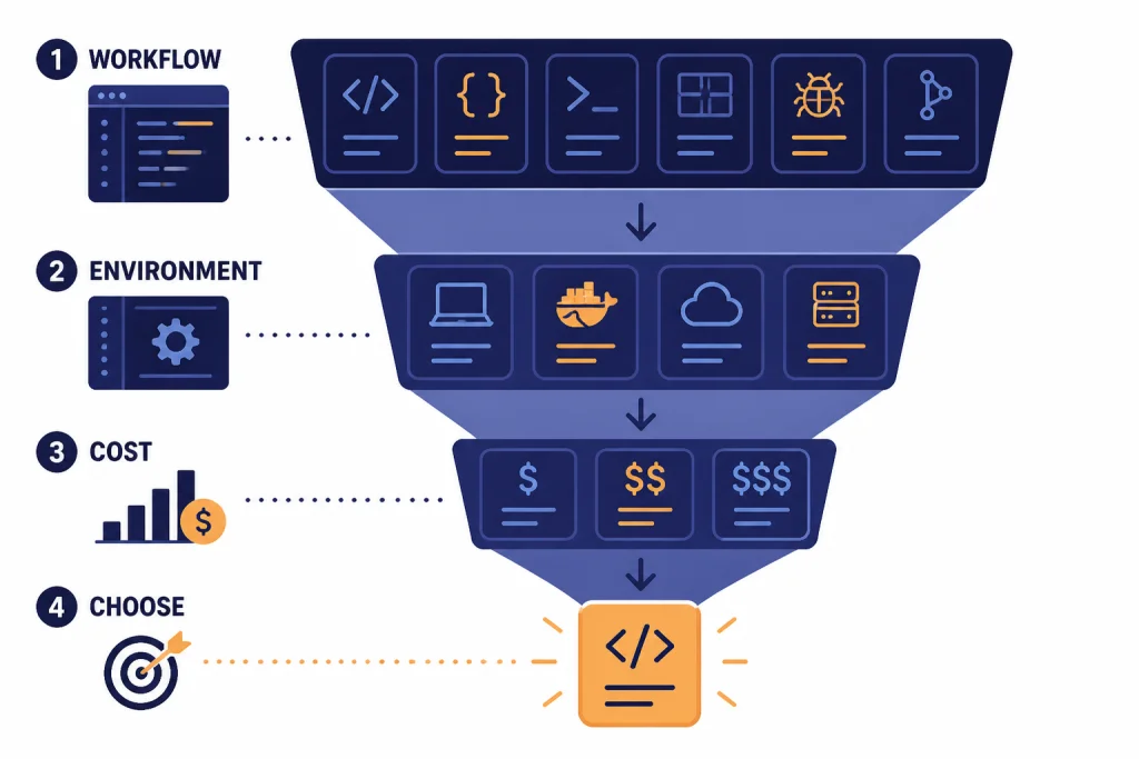 Coding Assistant Selection Funnel Three-step funnel labeled WORKFLOW, ENVIRONMENT, COST, ending at a CHOOSE tile.