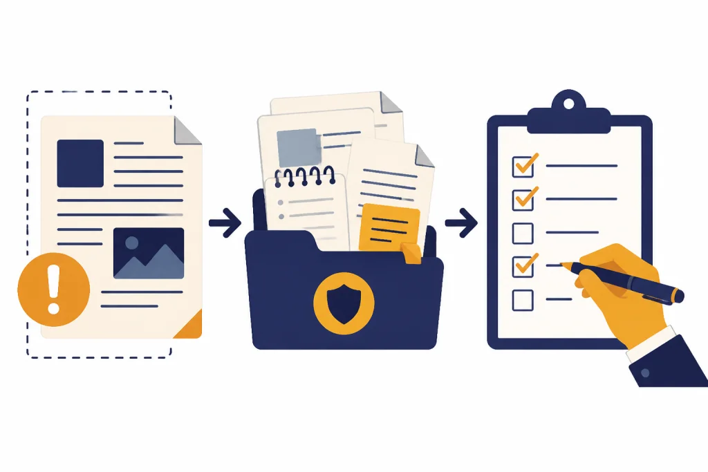 Flagged document flows to an evidence folder and then to a human review checklist.