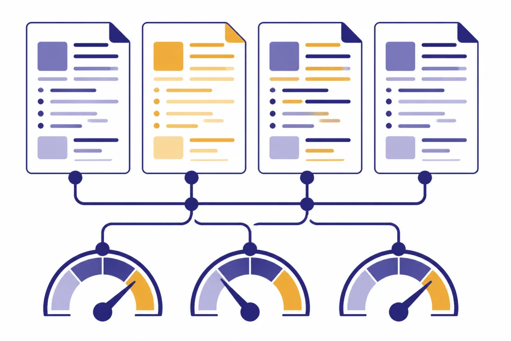 Four document columns feed into three evaluator gauges for detector testing.
