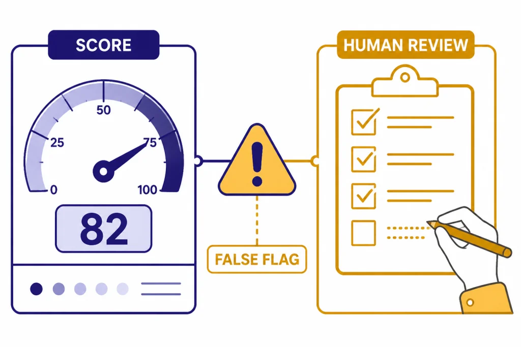 Detector gauge labeled SCORE beside checklist labeled HUMAN REVIEW and caution label FALSE FLAG.