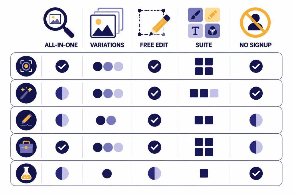 AI Humanizer Quick Picks Five-row quick-picks board labeled ALL-IN-ONE, VARIATIONS, FREE EDIT, SUITE, and NO SIGNUP.