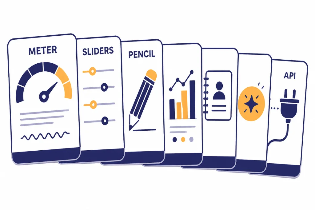 Humanizer Tool Review Deck Seven review cards with controls labeled METER, SLIDERS, PENCIL, and API.